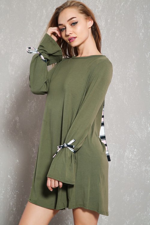 Latest Sexy Olive Tie Sleeve Open Back Tunic Casual Dress For Fashion Women