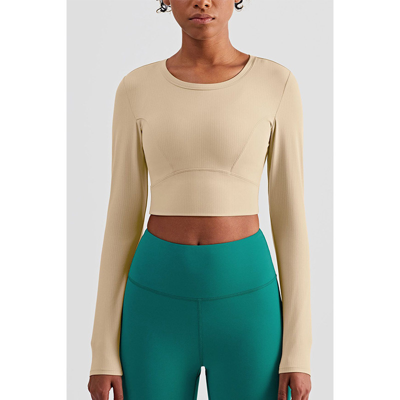 Rib Striped Ladies Yoga Tops Active Stretch Fitness Long Sleeve Yoga Crop Top