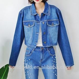 Wholesale Distressed Stretch Printed Ladies Short Denim Jacket With Rhinestone Trimming from china suppliers