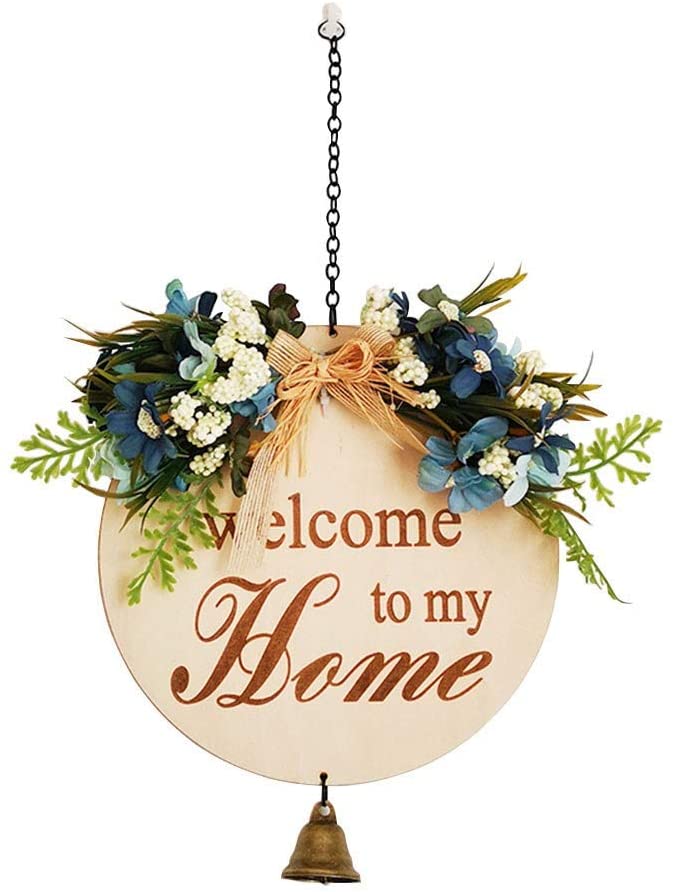 Welcome Wreaths for Front Door Front Door Decor Front Porch Decorations Hanging Sign Rustic Wood Hanging Sign with Bell