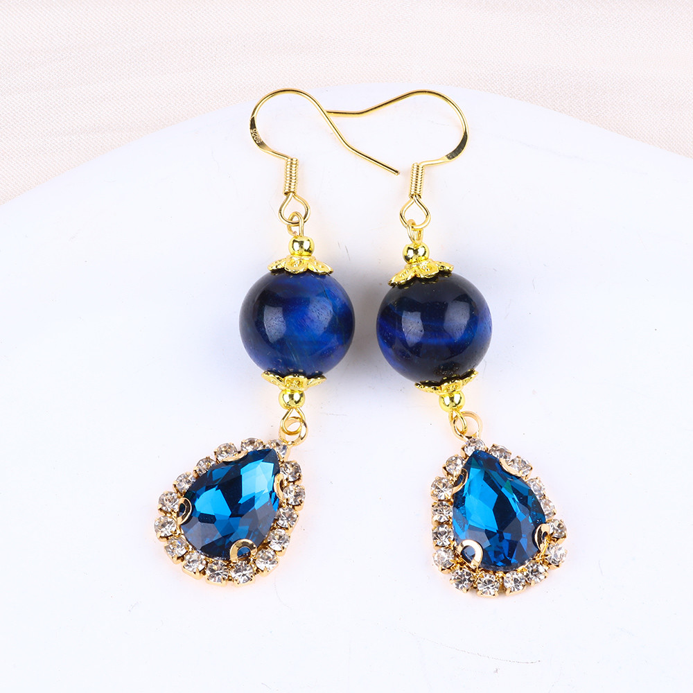 Custom 12MM Crystal Stone Blue Tiger Eye With Blue Sparkling Tear Drop Charm Short Earring For Gift Giving