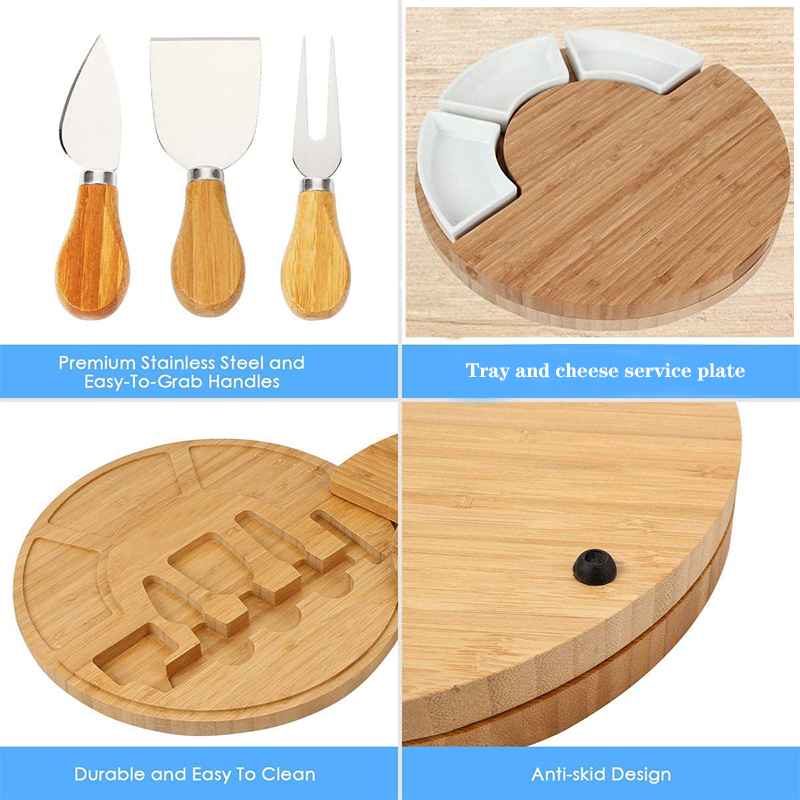 Natural Removable Snack Ceramic Server Bowls with Round Bamboo Cheese Board 33X33X5CM