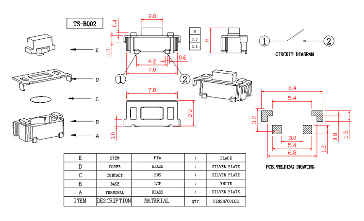 Momentary Operation 3.5X6 Mm Tactile Switch , Low Profile Tactile Switch