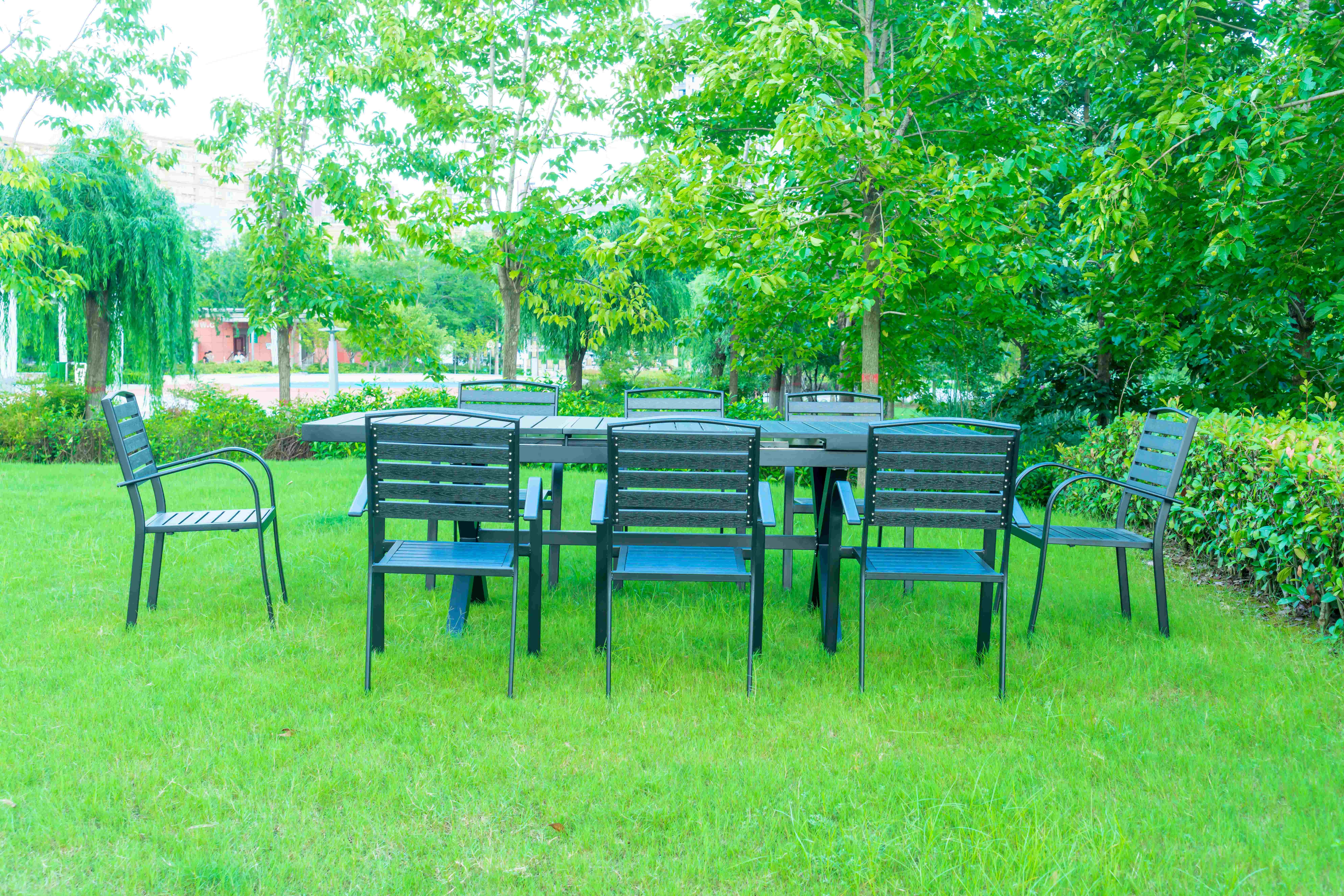 9 Pieces Black Plastic Wood Modern Outdoor Garden Furniture Table Set 8-10 Seater Extendable Patio Dining Table Chairs