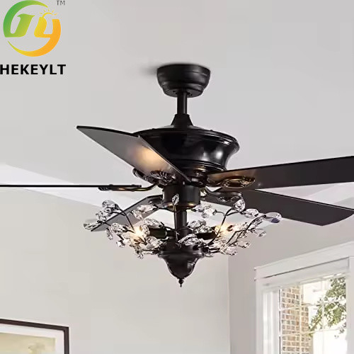 Modern Luxury Crystal Chandelier Silent Intelligent Remote Control Ceiling Fan 52'' Metal and Glass