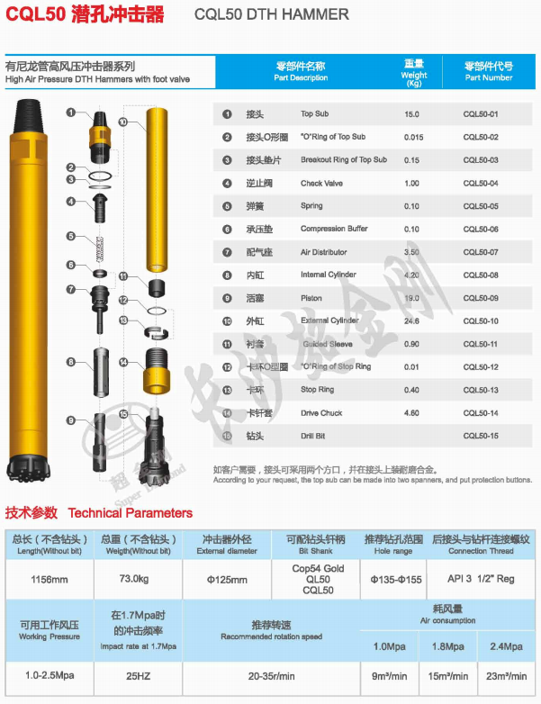 Powerful High Air Pressure DTH Hammer QL50 Forged Rust Prevention Explosion Proof