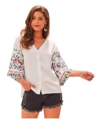 V Neck Ladies White Color Summer Fashion Tops With Embroidery Sleeve And Uneven