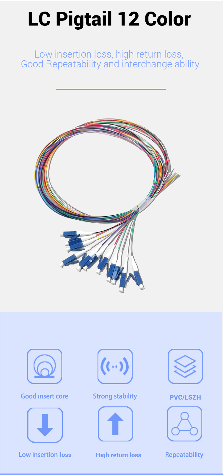 12 Color Fiber Pigtails G652D 0.9mm FC Fiber Cores FC APC Single Mode SC UPC Blue