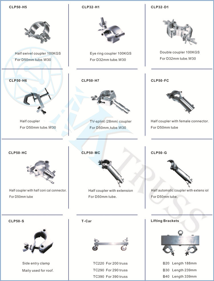 OEM Aluminum Stage Lighting Truss Hook Truss Clamp Double Coupler 100kg for 50mm Tube