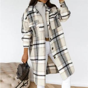 China                  Autumn Winter Coats for Women 2023 Lapel Pocket Long Plaid Shirt Jacket Coat Woolen Fleece Plaid Long Coats for Women              on sale