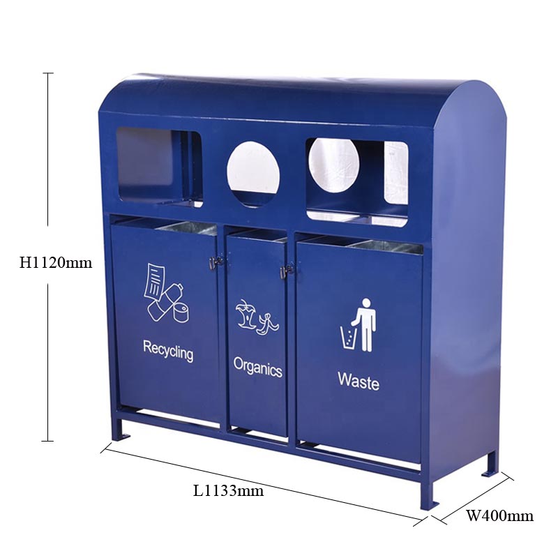 3 In 1 Outdoor Recycling Bins , Surface Mounted Rectangular Metal Trash Can