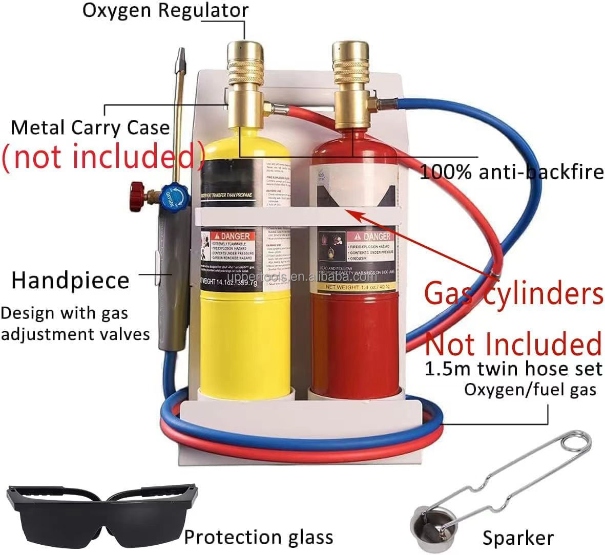 Oxygen Torch Kit with Safety Glasses Portable Cylinder 1.5m Twin Hose Mapp Torch Set