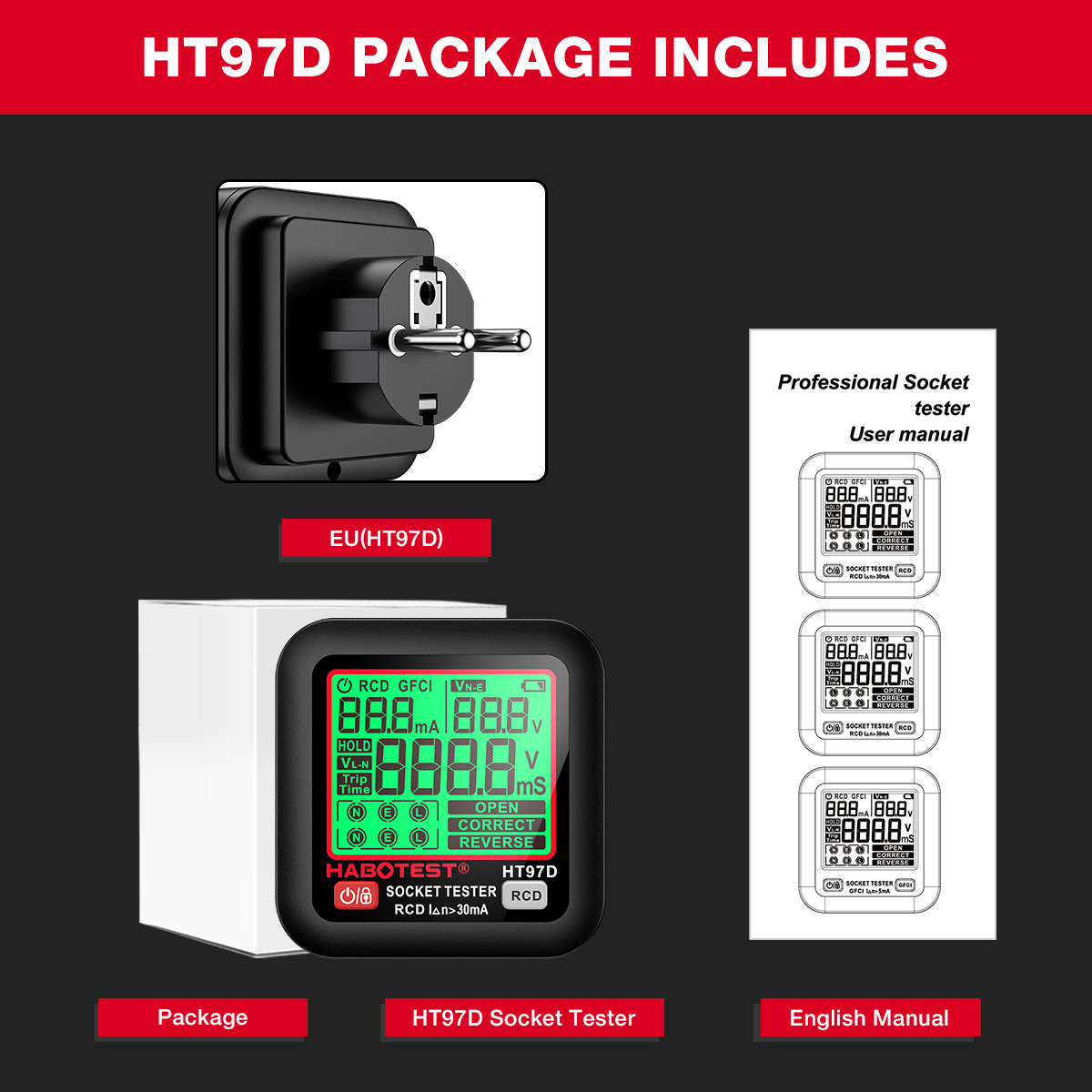 HT97 Digital Socket Tester Smart Voltage Detector RCD GFCI Voltage Test EU US UK Plug Large Display CE Certified