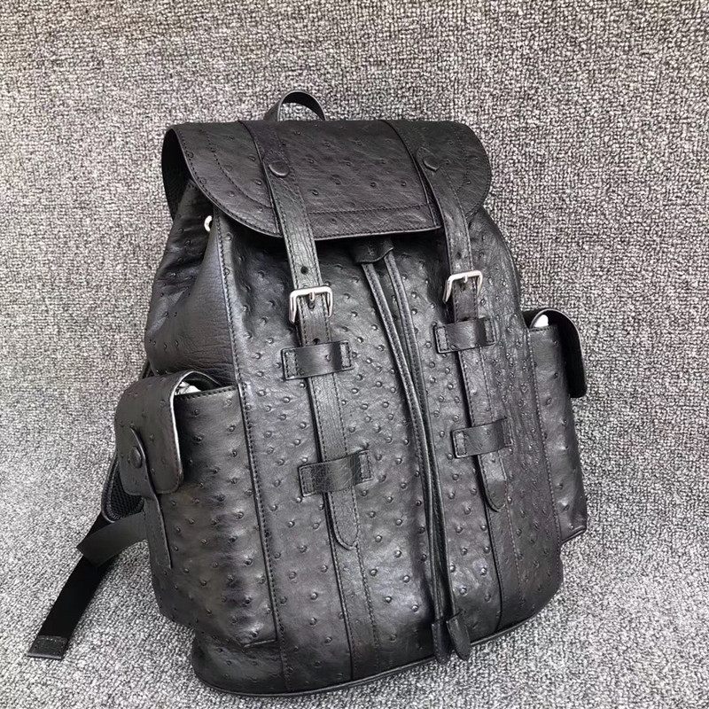 Authentic Exotic Ostrich Skin Drawstring Closure Men's Travel Backpack Genuine Leather Male Large Flap Pockets Bag Pack