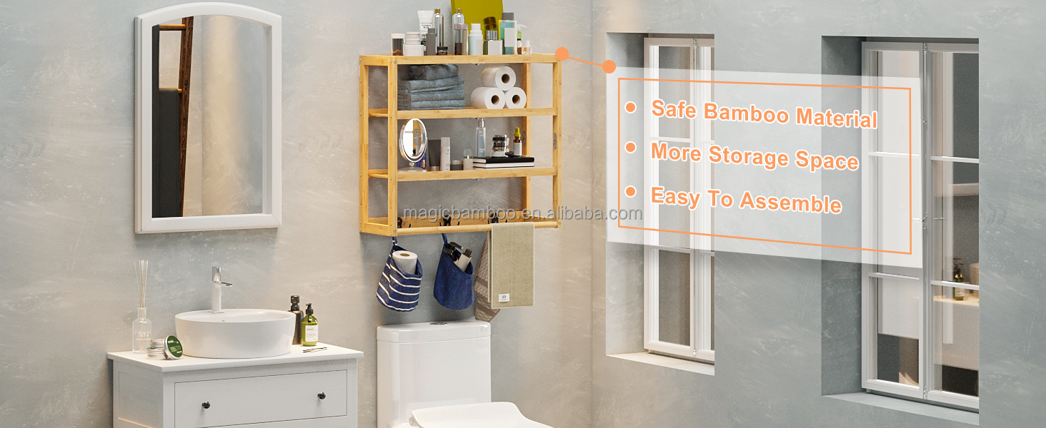OEM Bamboo Bathroom Wall Shelf Over Toilet Storage With Hooks