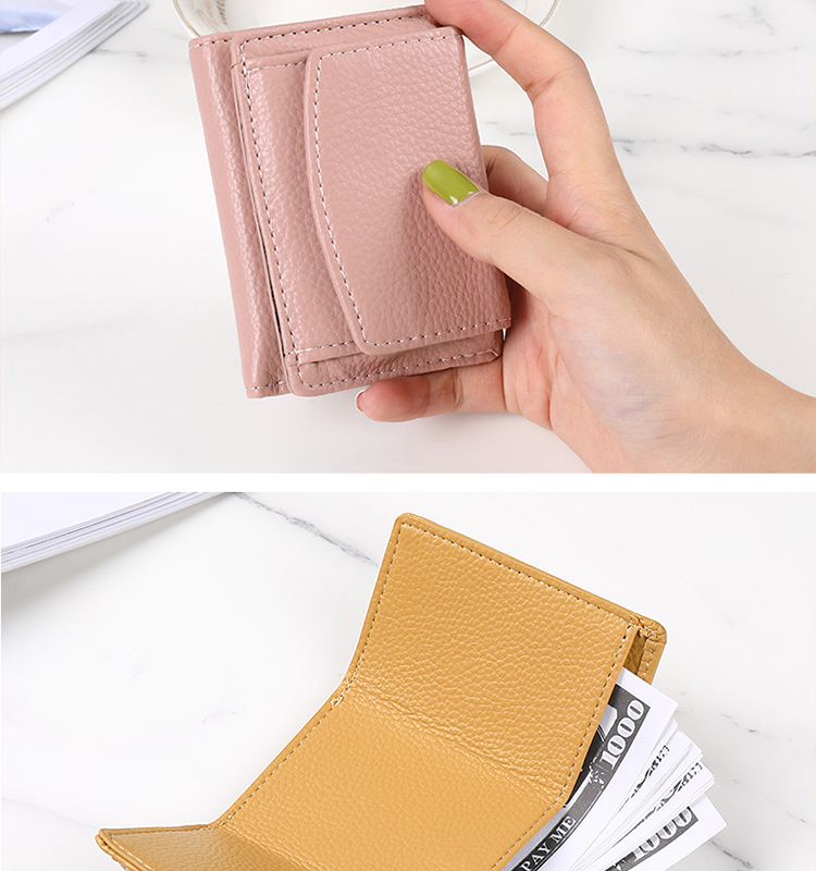 Mini Card Holder Litchi Pattern PU Leather Wallet Female Three Fold Wallet with Coin Purse