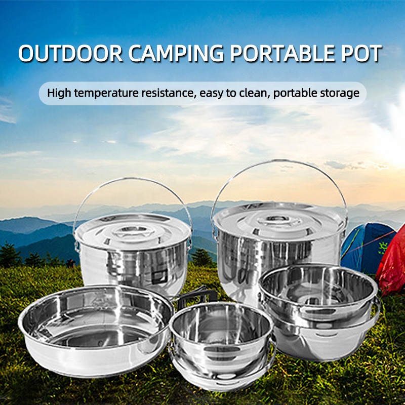 Best Selling Silver Stainless Steel 201 Round Outdoor Dinner Cooking Pot Sets Camping Soup Pot And Frying Pan Sets