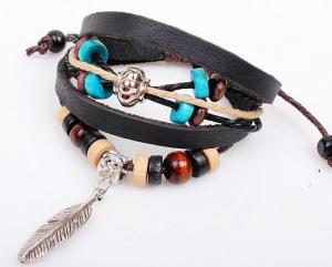 Wholesale Wooden bead bracelet cowhide leather feather Indian style jewelry wholesale from china suppliers