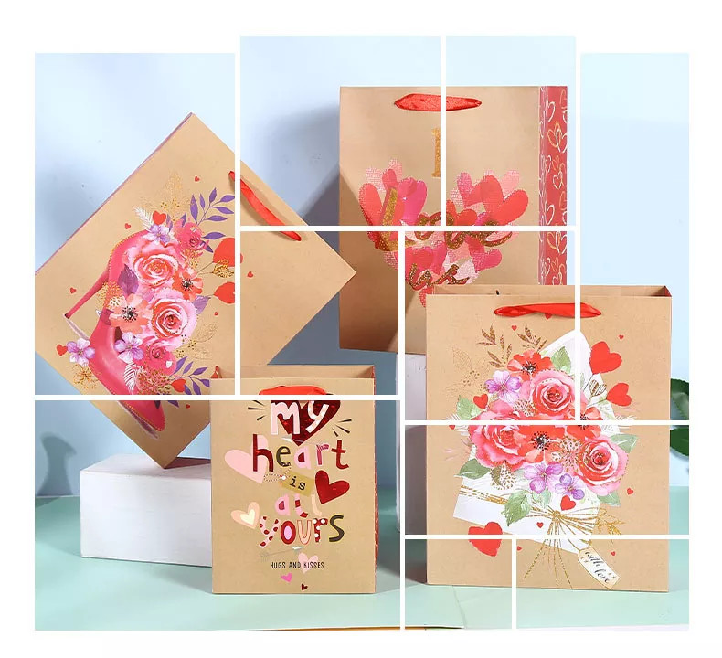 Ribbon Handle Christmas Kraft Paper Bags Decorating Paper Bag For Valentine'S Day