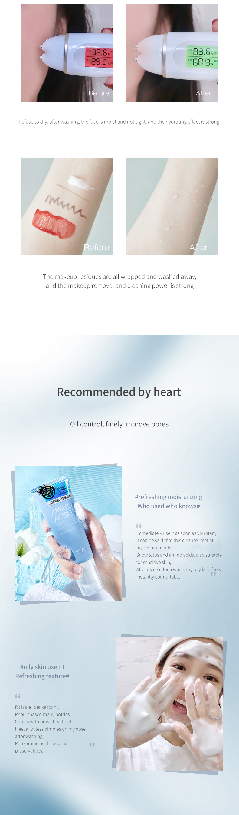 Facial Cleanser Cleansing Moisturizing Whitening Skin Care Washing Amino Acid Face Wash with Brush