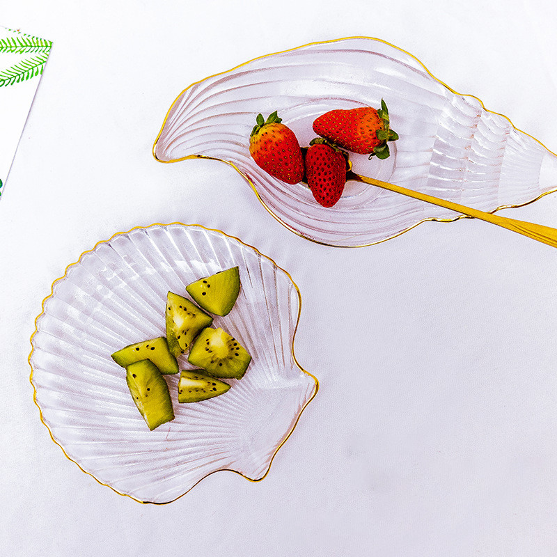 Creative Ocean Style Crystal Glass Shell Plate Decorative Salad Plate With Gold Rim