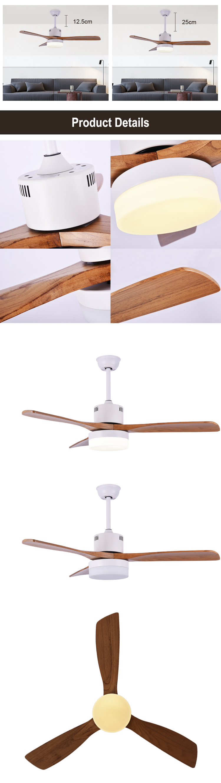 OEM ODM Vintage Home 1320mm Matt White Natural Wood Ceiling Fan Light 6000K