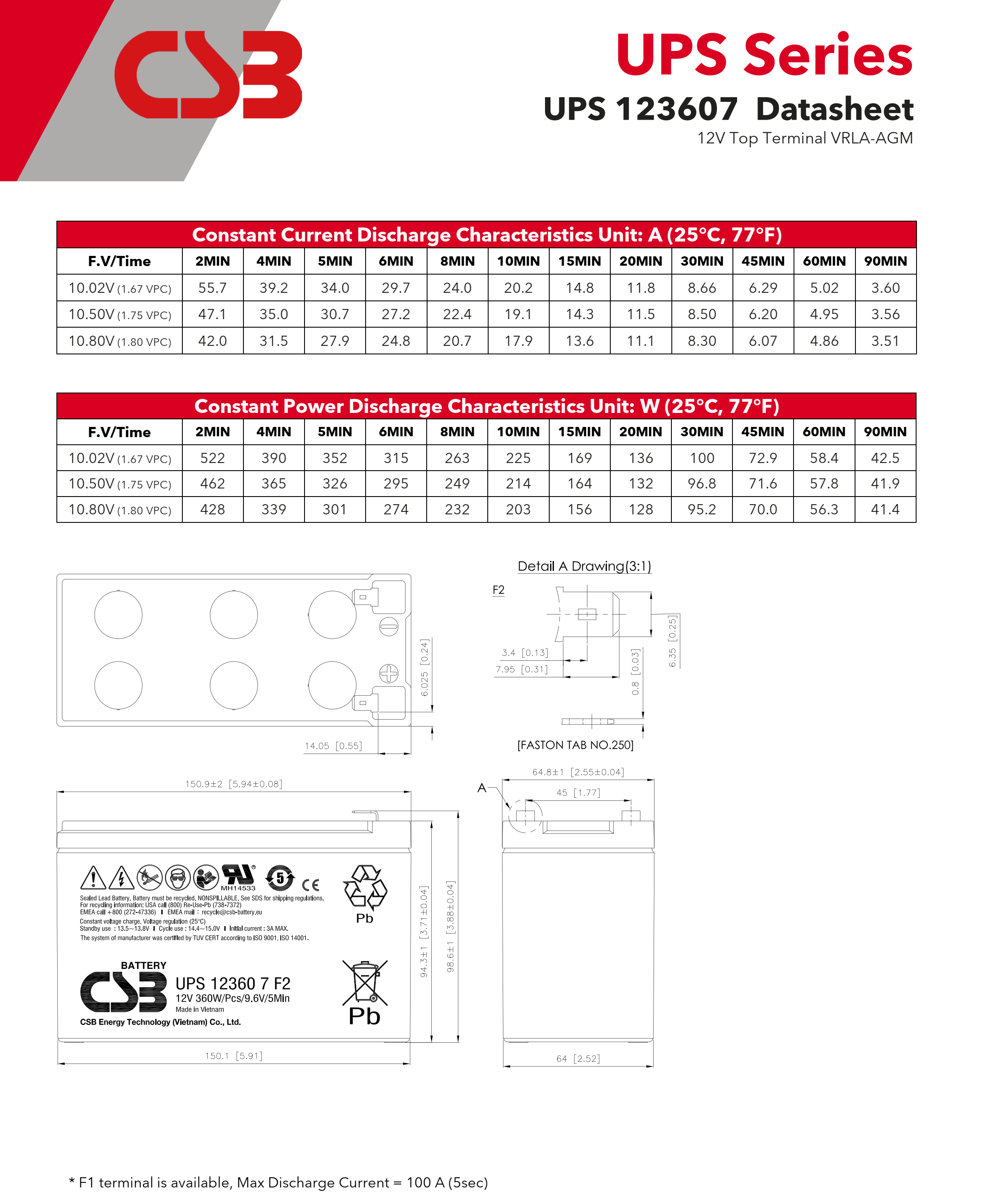 CSB Battery UPS123607 12V 360W 7Ah High Performance Rechargeable Maintenance-Free VRLA 7Ah Battery for UPS Data Center