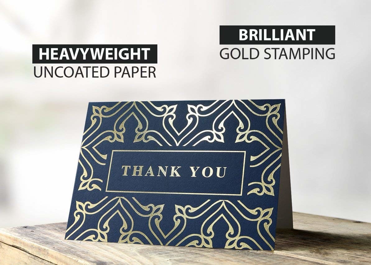 48 Set Thanks Greeting Card Navy Blue Color Gold Foil Embossed Lettering Logo