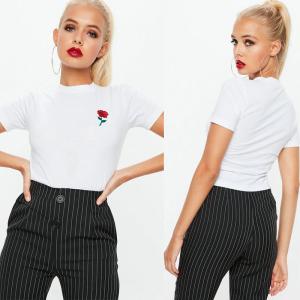 Wholesale White Rose Embroidered Crop T Shirt Clothing Women from china suppliers