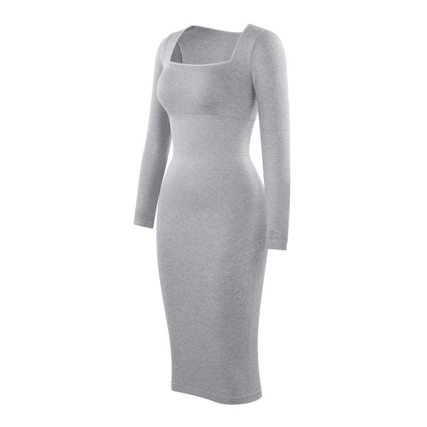 Elastic Waist Knitted Square Neck Long Sleeve Sling Summer Midi Bodycon Shapewear Dress