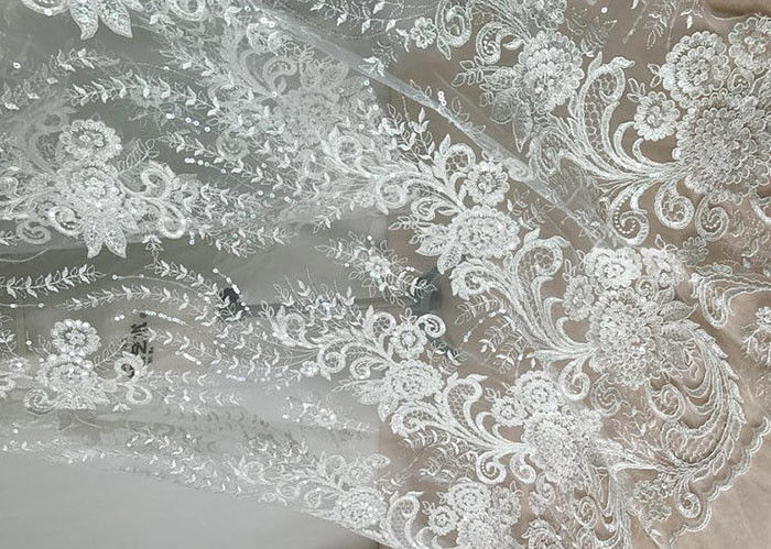 Embroidered Floral Sequin Tulle Lace Fabric For Bridal Couture Polyester Nylon Material