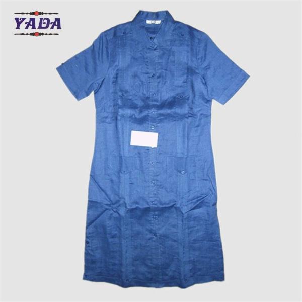 Front button blue linen short sleeve designs casual long slim sexy girl dress