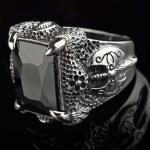 Mens Thailand Retro Dragon Sterling Silver Ring with Created Black Onyx