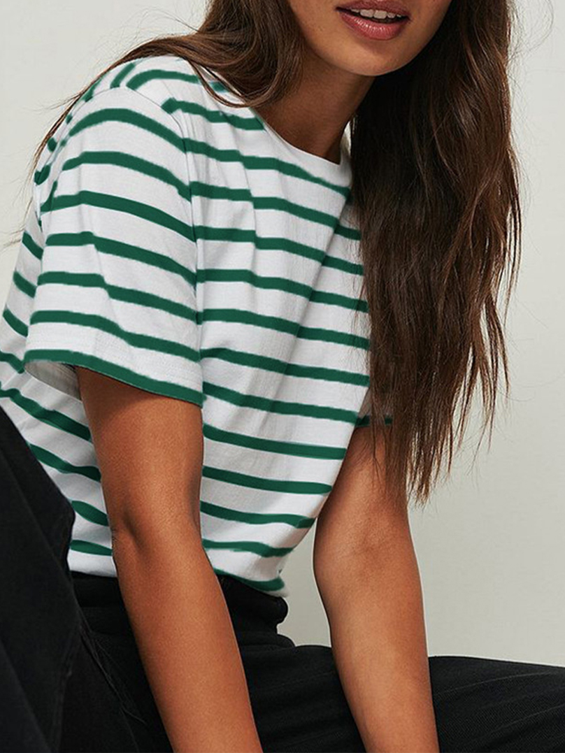 Unisex Striped Short Sleeve Round Neck T-Shirt Woven Technique Plain Dyed Women's Clothing
