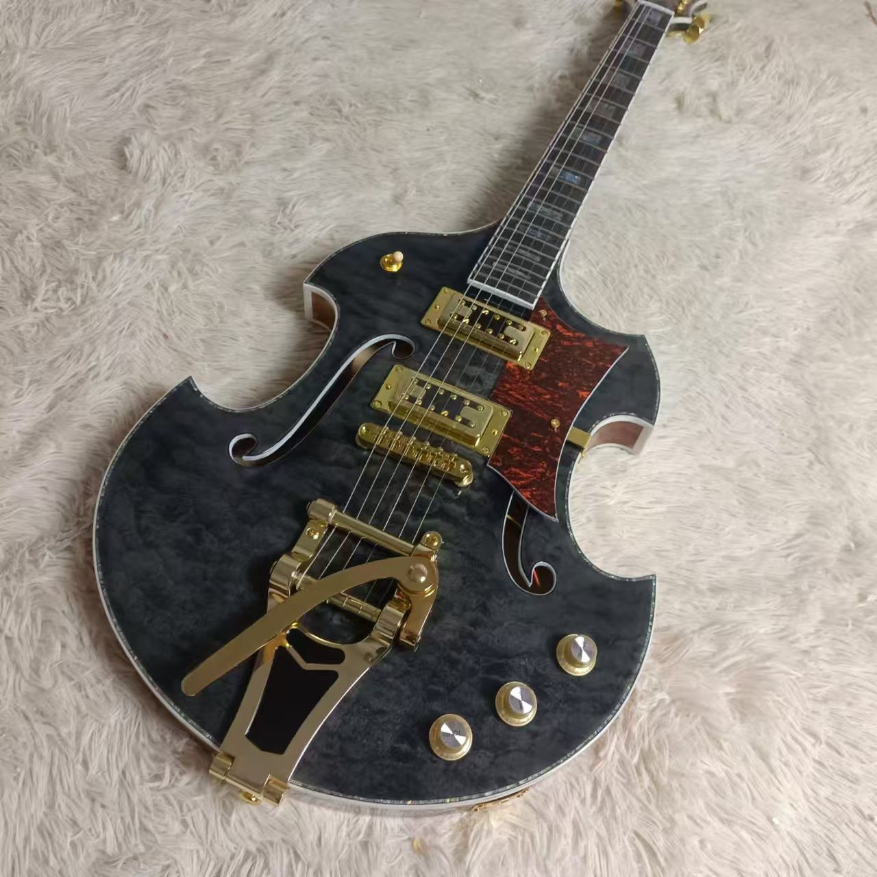 Custom f hole hollow body irregular body Gretsch electric guitar with bigs bys trem in blue color, accept guitar and bass OEM