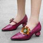 S306 Flower Leather Handmade Pointed Toe Fashion High Heels 2020 Ethnic Style