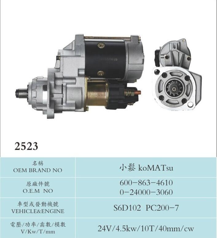 Komatsu Auto parts Nikko Starter Motor 600-863-4610 0-24000-3060 S6D102 PC200-7