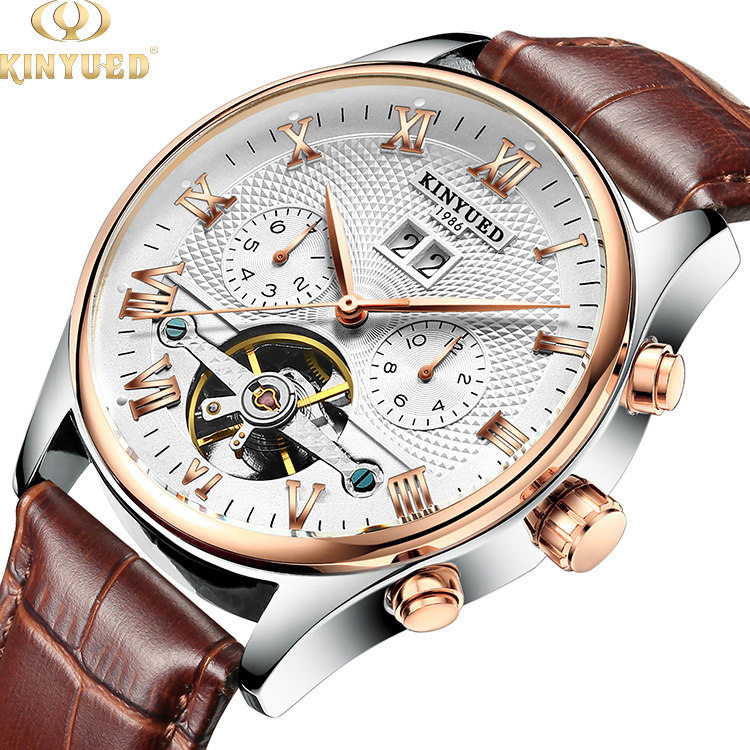 KINYUED Men's business waterproof automatic wrist watches fashion hollow mechanical watches