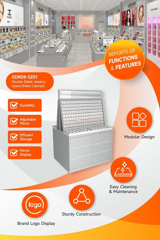 GDR08-SZ01 Retail Display Shelf with Gray Edging Strip and Adjustable Mirror for Cosmetics Retail Stores