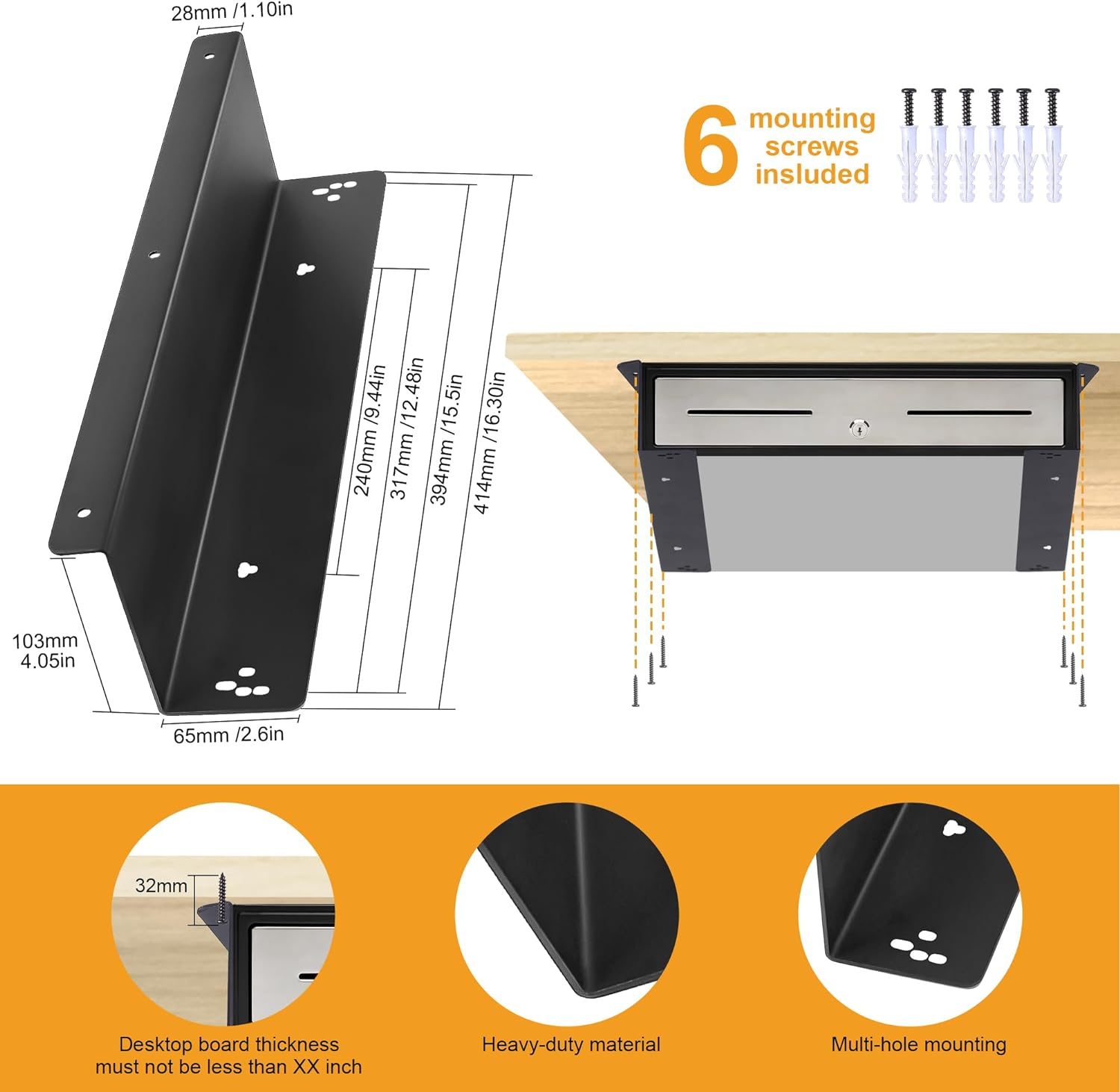 Square Cash Drawer Under Counter Bracket Strong Metal Support for Under Desk Mounting