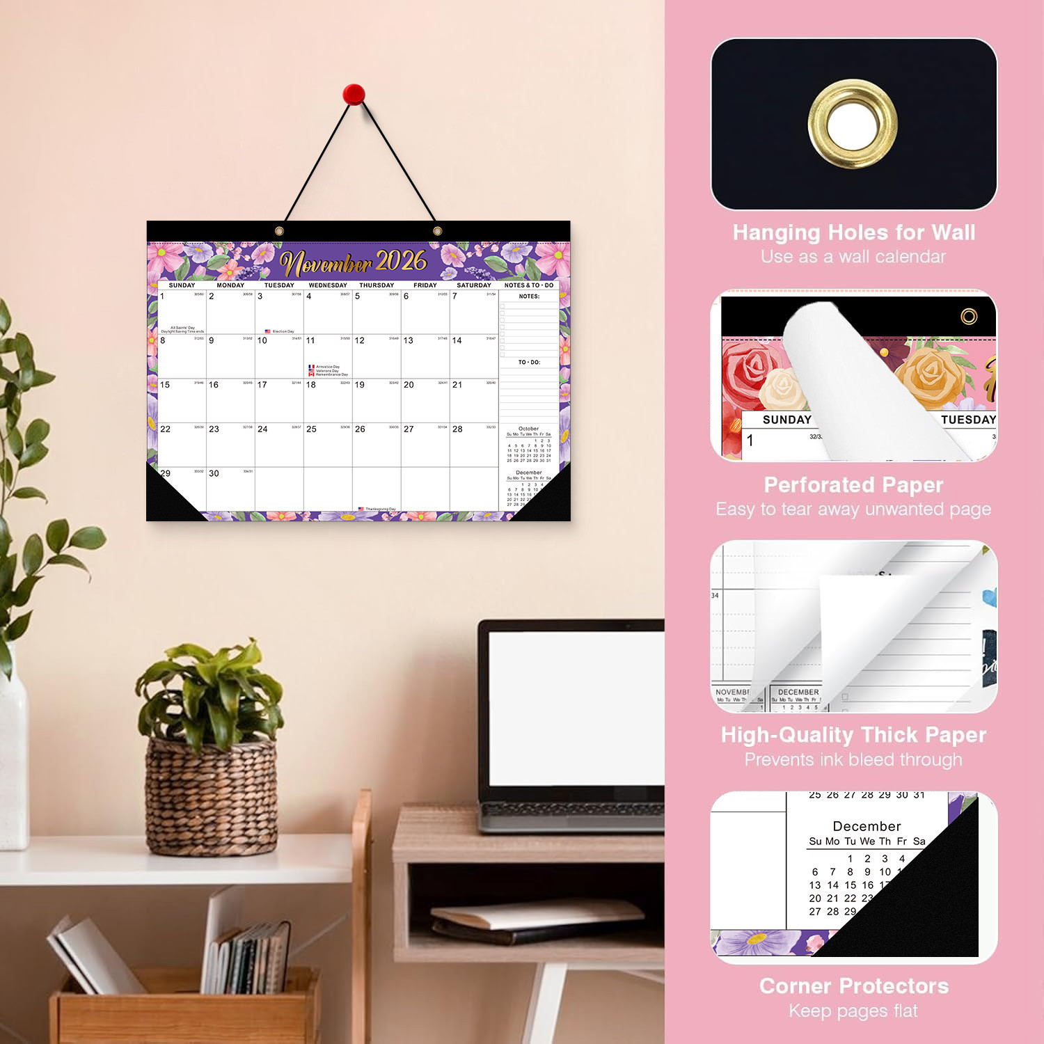 Custom Wall Calendar Holiday / Seasonal Theme Spiral Bound Glossy Paper Type