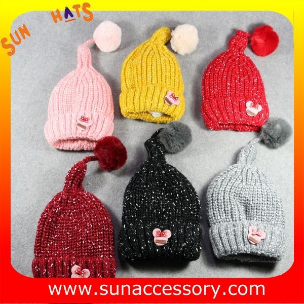 AK17024 Sun Accessory winter kids knitted beanie caps and hats with pom pom ,caps in stock MOQ only 3 pcs