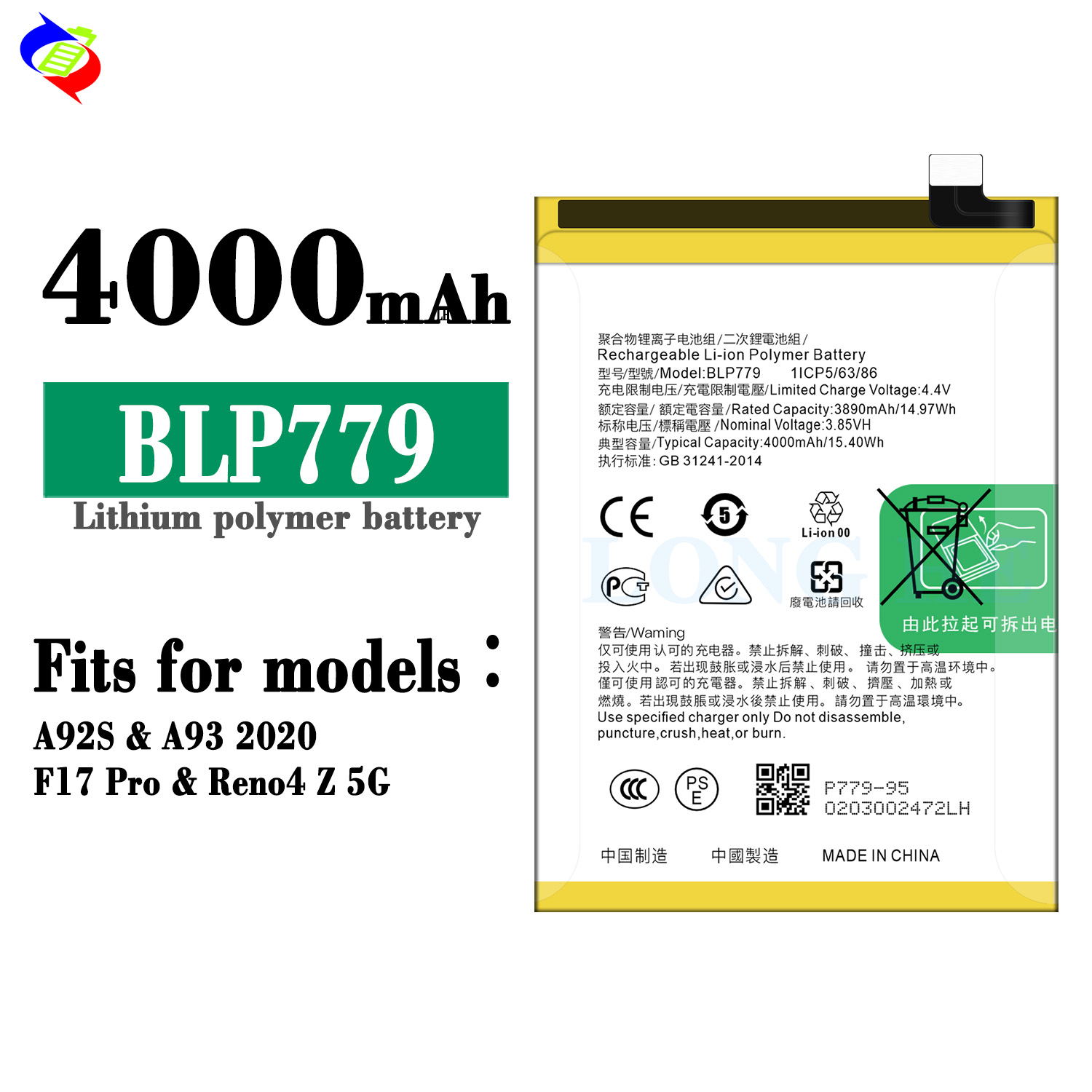 BLP779 4000mAh Battery for OPPO Reno 4Z A92S 2020 Mobile Phone Long-Lasting Capacity