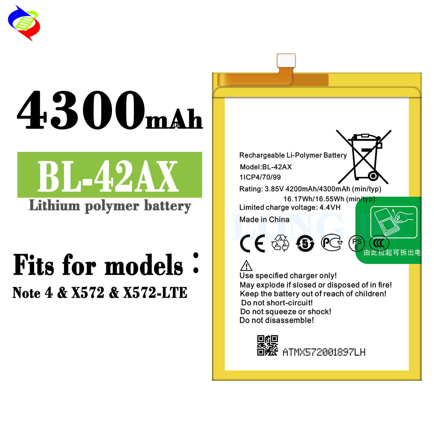 BL-42AX 3500mAh 4.4V Mobile Phone Battery for Infinix Note4 X572 X572-LTE Rechargeable