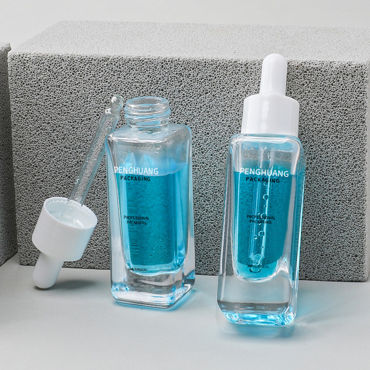 30ml Square Essence Oil Serum Dropper Bottles Clear Glass Body Skincare Packing