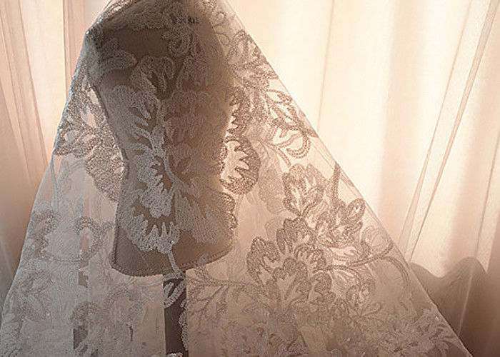 Embroidered Floral Sequin Netting Fabric , Sequin Tulle Fabric For Ivory Wedding Dresses