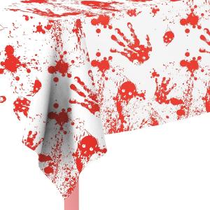 China Customized Disposable LDPE Bloody Handprint Tablecloth For Halloween on sale