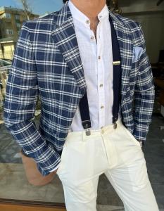 Wholesale 65% Viscose 32% Pes 3% Elastane Male Suit Jacket Dark Blue Plaid Blazer from china suppliers