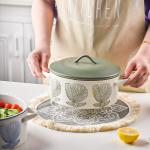 Sustainable Floral Green Ceramic Pan Soup Bowl Set with Glass Cover and Pot