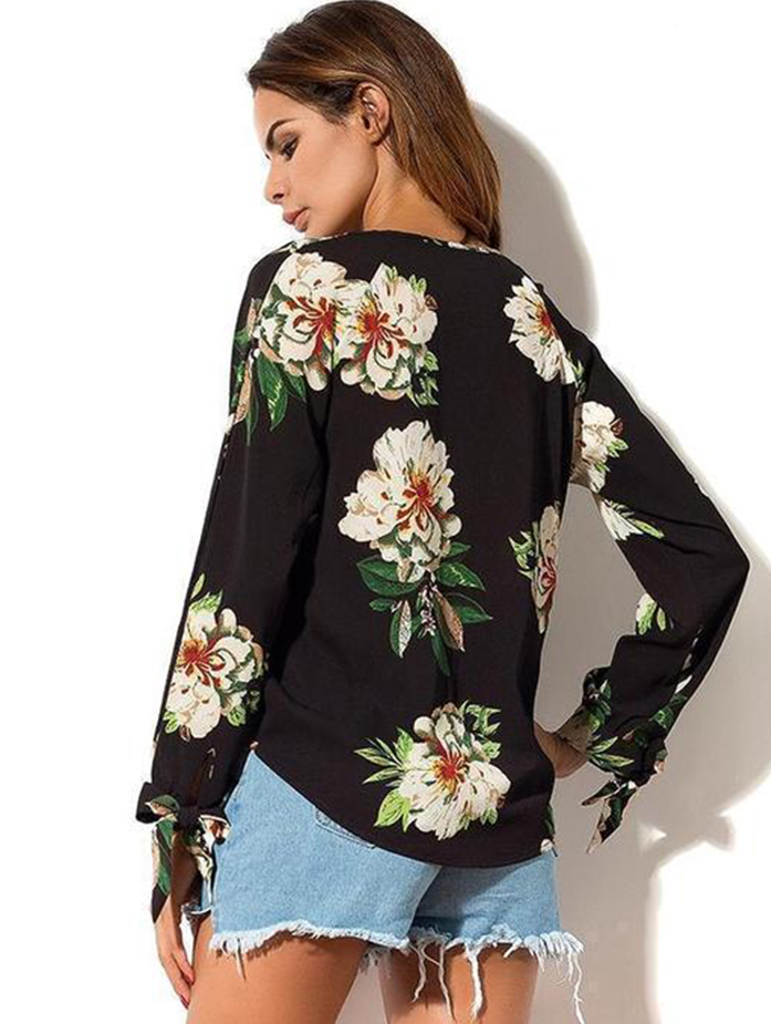 Women Low Neck Floral Chiffon Long Sleeve Top